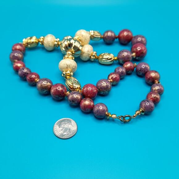 Vintage Chunky Art Beaded Necklace, Gold White Purple Beads, 24 Inches - Picture 12 of 12